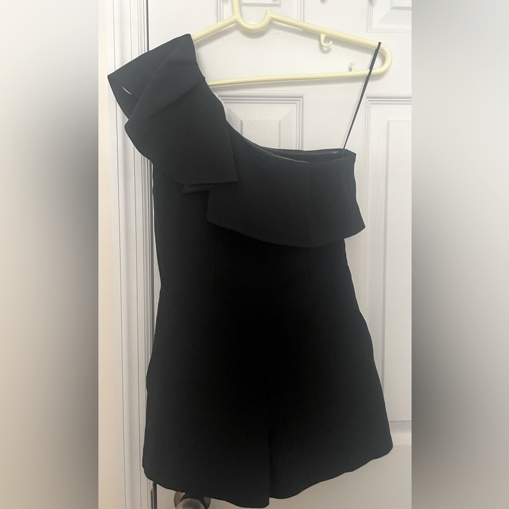One shoulder women’s dressy ruffle romper shorts pockets side zip black